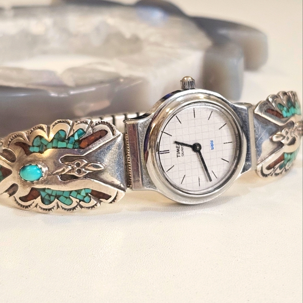Sterling Silver Native American Turquoise + Coral Inlay Thunderbird Watch Tips